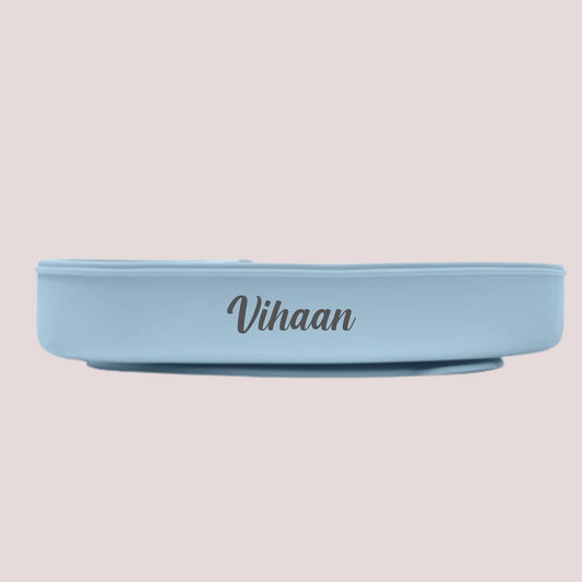 Theoni Silicone Anti Skid Baby Feeding Set with Plate, Spoon & Fork | Baby-Led Weaning | BPA-Free | Microwave & Dishwasher Safe | Mess-Free Toddler Mealtime Essential – Dusty Blue