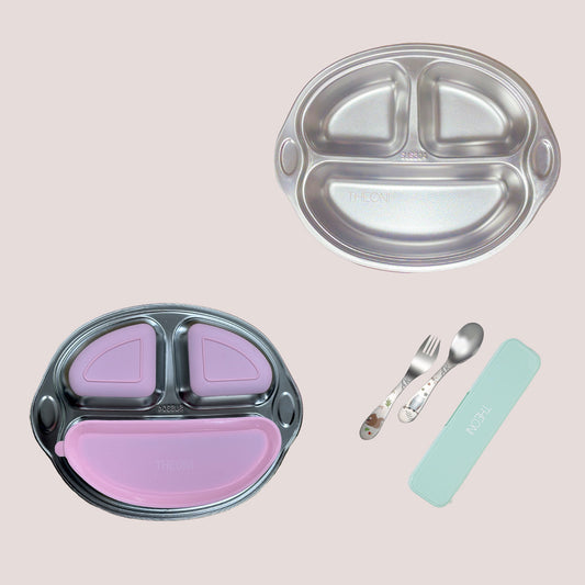 Theoni Stainless Steel Monkey Shape Suction Plate with Toddler Cutlery Set | 3 Compartment Baby Plate | BPA-Free & Durable (Pink Suction)