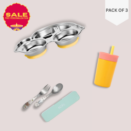 Theoni Yellow Car Mealtime Bundle – Suction Plate, Insulated Tumbler & Toddler Cutlery Set
