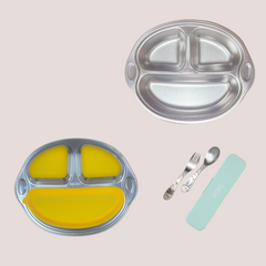 Theoni Stainless Steel Monkey Shape Suction Plate with Toddler Cutlery Set | 3 Compartment Baby Plate | BPA-Free & Durable