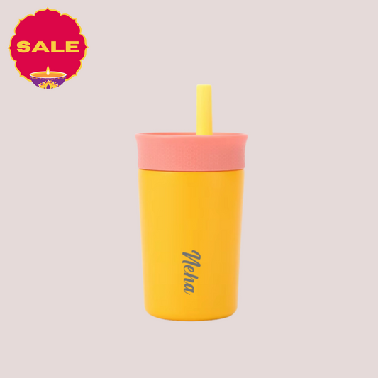 Theoni Kids Stainless Steel Insulated Tumbler with Silicon Straw & Cleaning Brush | 355ml | Leak-Proof, BPA-Free, Travel Friendly – Orange
