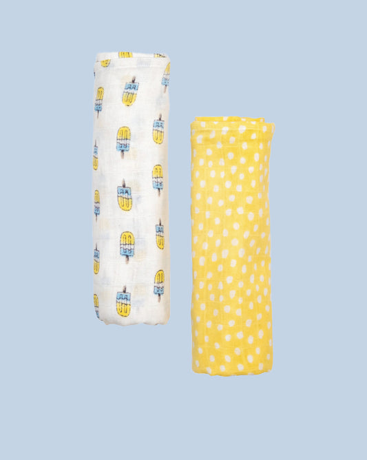 Theoni 100% organic cotton muslin swaddles(Set of 2)-Popsicle Fun Blue