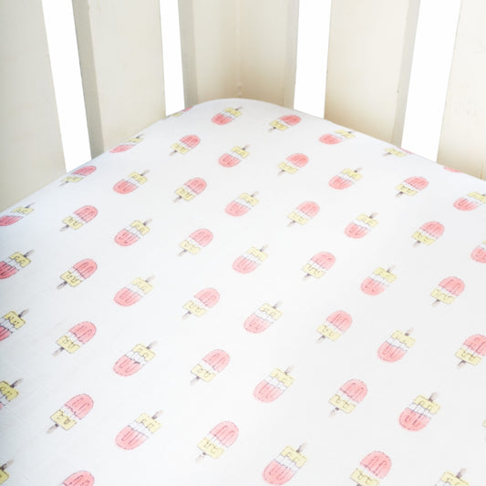 Theoni Popsicle Fun Pink Fitted Crib Sheet - 100% Organic Cotton Muslin Cot Sheet, Super Soft, Breathable, Smooth, Absorbent, Twill Fabric For Infants, Newborns, Babies & Toddlers