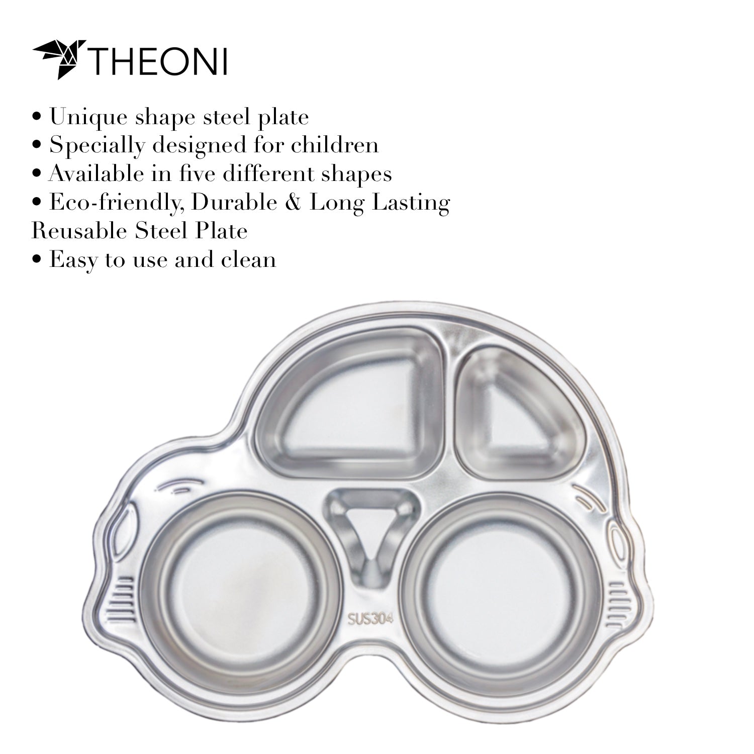 Theoni Stainless Steel Section Car Shape Kids Plate / Portion Plate / Dinner Dish - Car Shape. Personalize With Name